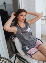 Γυναικεία Πιτζάμα Γκρι Αμάνικο  με Ροζ Σορτς Σχέδιο Puppies