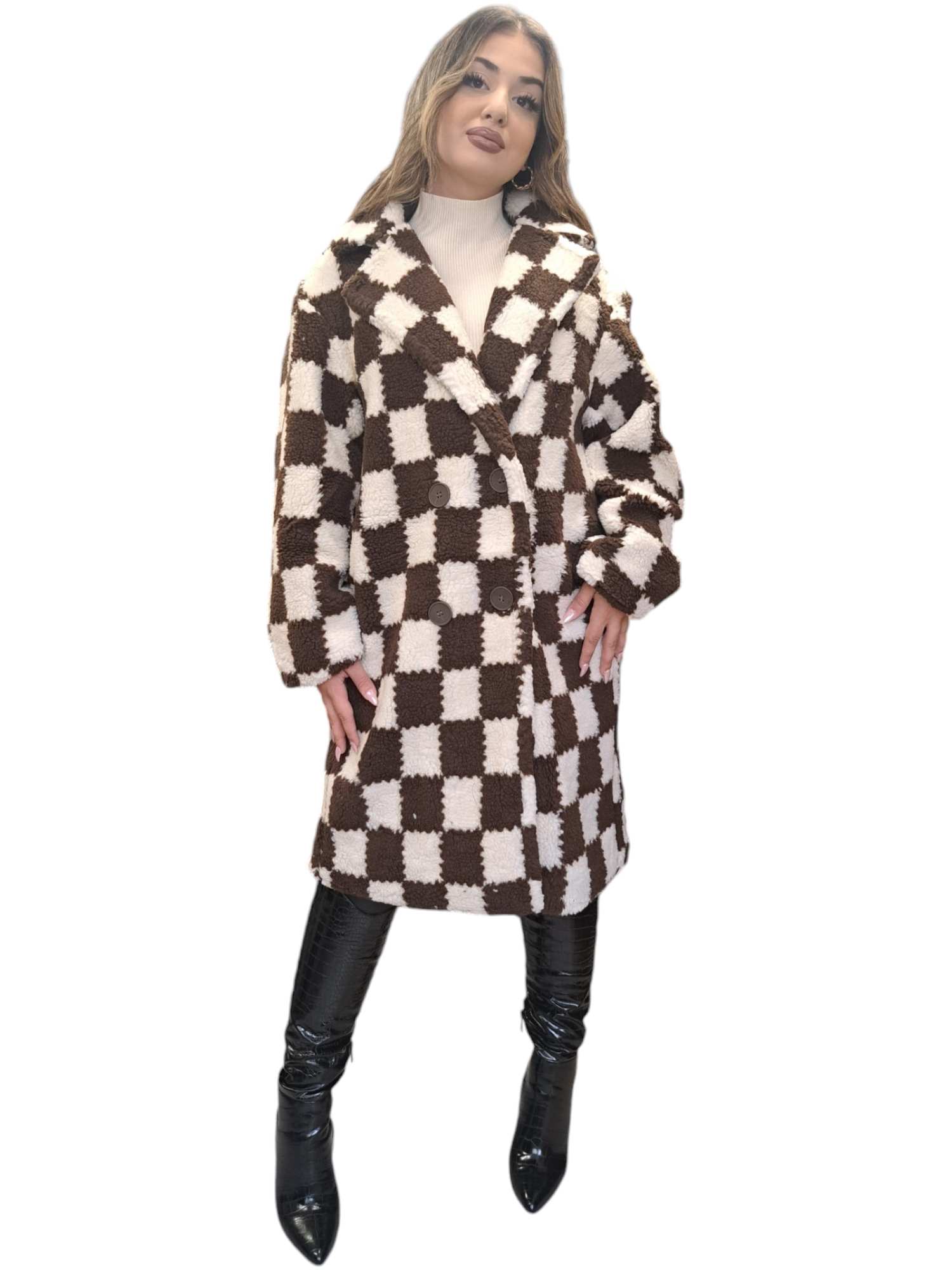 PA029 Oversized παλτό με εσωτερική φόδρα ανοιχτό γιακά και καρό μοτίβο