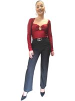 Crop top μπλούζα με δέσιμο στο μπούστο και χρυσή λεπτομέρεια σε κόκκινο και καφέ. – ΚΑΦΕ, One Size