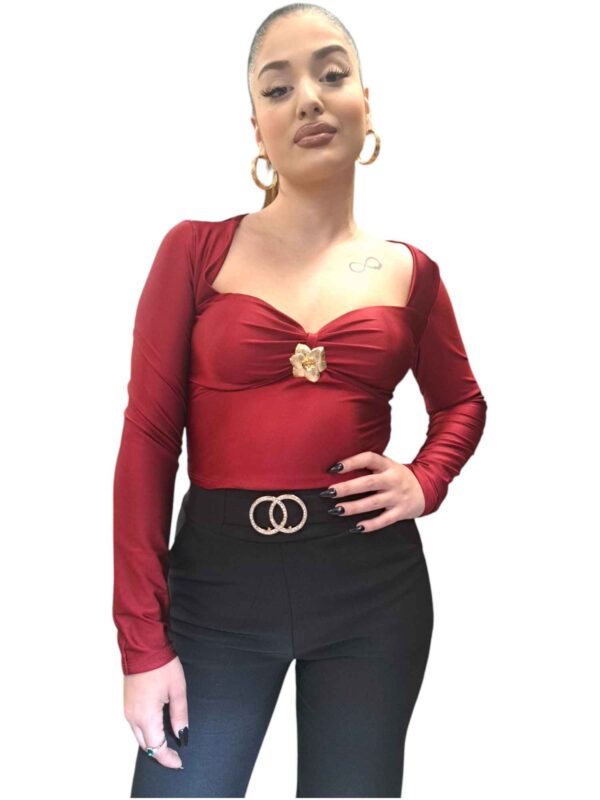 Crop top μπλούζα με δέσιμο στο μπούστο και χρυσή λεπτομέρεια σε κόκκινο και καφέ. – ΚΑΦΕ, One Size