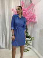 Μπλε Σατέν Midi Φόρεμα με Κουμπιά & Υφασμάτινη Ζώνη – ΜΠΛΕ ΣΚΟΥΡΟ, M