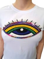 T-shirt με Κεντημένο Μάτι & Πολύχρωμα Στρας – ΑΣΠΡΟ, One Size